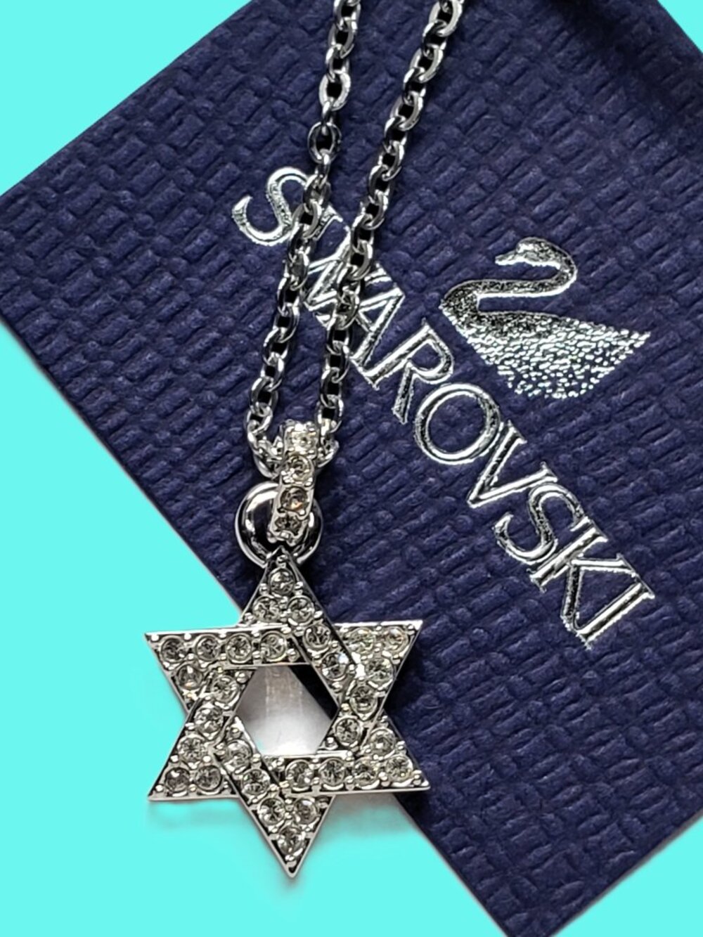 NWT Swarovski Star of David Crystal Pendant Necklace In Box | 19" Chain